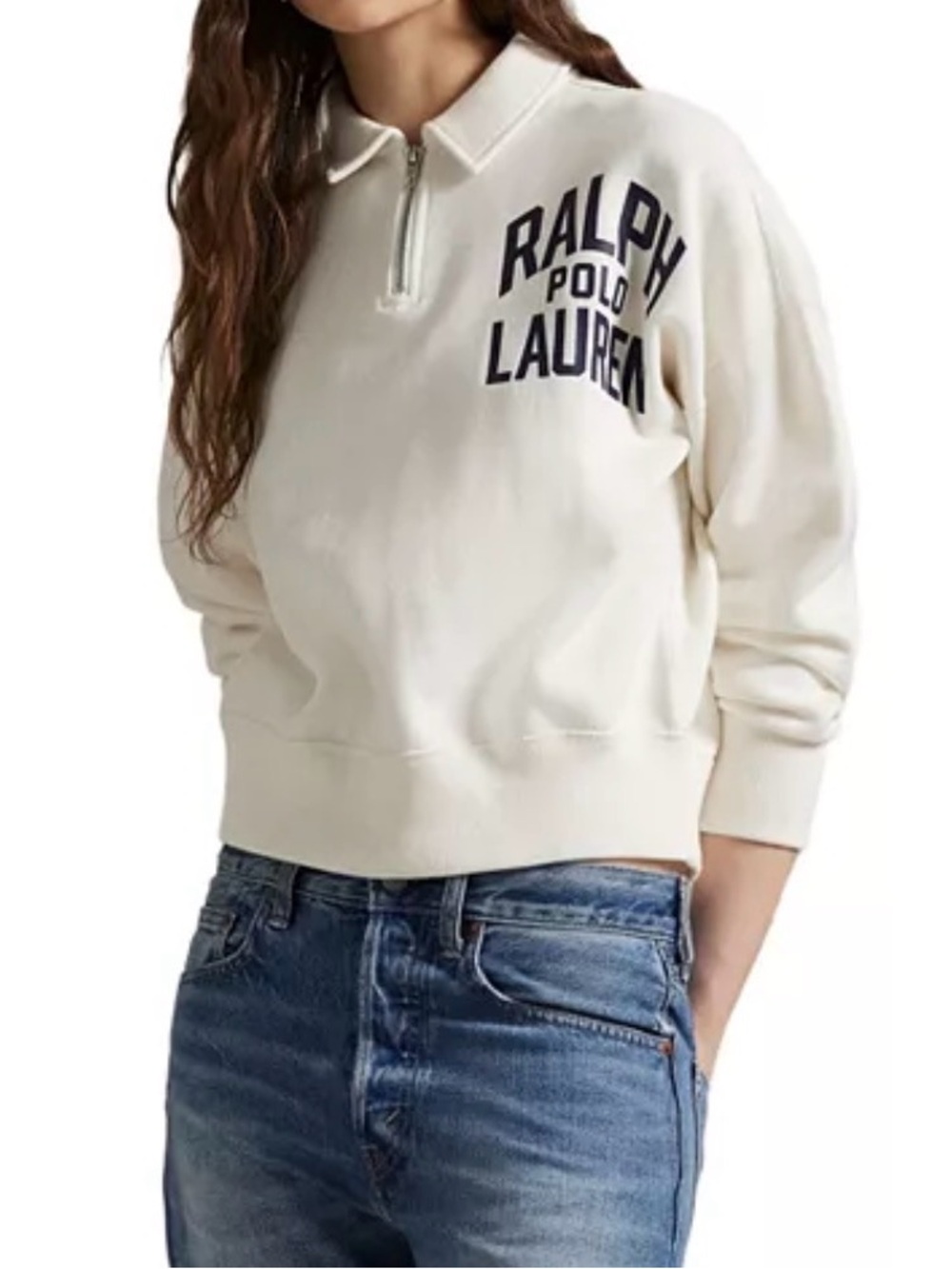 Ralph Lauren Cream Half-Zip Polo Sweatshirt with Navy Logo